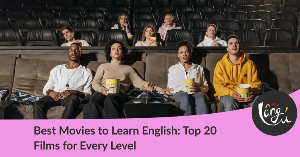A diverse group of people enjoying a suspenseful movie scene in a theater. Best movies to learn English.