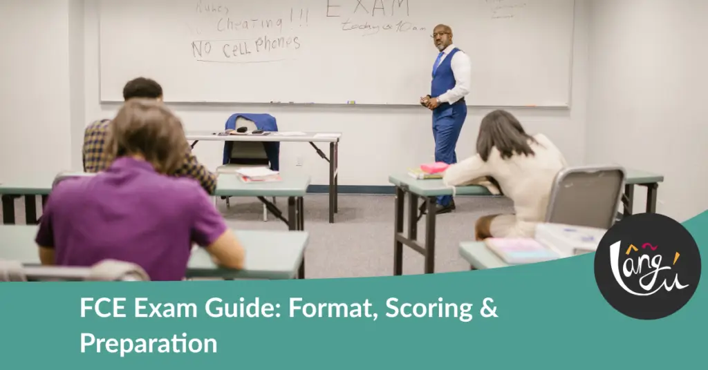 A college educator proctoring an exam, enforcing no cheating rules. FCE exam
